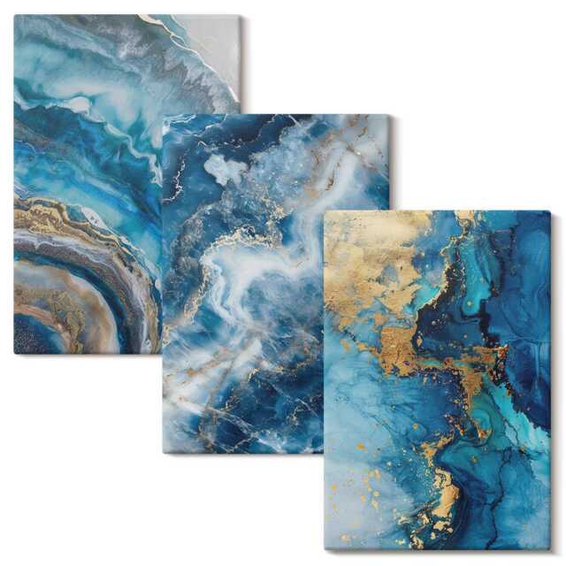 Canvas Wall Art Set Of 3 - Blue Patterns in Three Paintings, Art, Abstract Hanging Piece - image 1