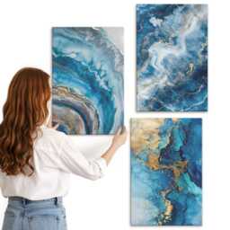 Canvas Wall Art Set Of 3 - Blue Patterns in Three Paintings, Art, Abstract Hanging Piece - thumbnail 2