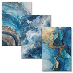 Canvas Wall Art Set Of 3 - Blue Patterns in Three Paintings, Art, Abstract Hanging Piece - thumbnail 1