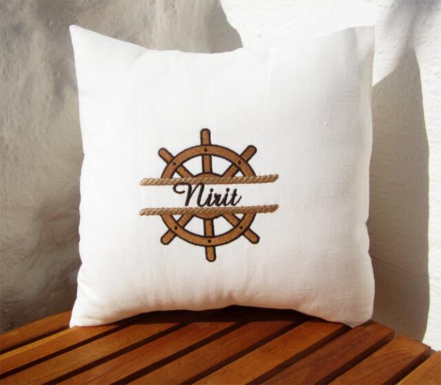 Custom Boat Name, Wooden Ship , Ship'swheel Pillow Cover, Personalized, Embroidered, Beach House Decor, Nautical Decor, Boating Gift, Seaside Decor - image 1
