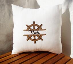 Custom Boat Name, Wooden Ship , Ship'swheel Pillow Cover, Personalized, Embroidered, Beach House Decor, Nautical Decor, Boating Gift, Seaside Decor