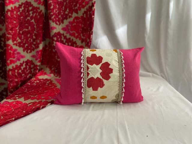 Embroidered Cotton Linen Pillow Cover Pink, White, Mauve, Pearl Trim - image 1