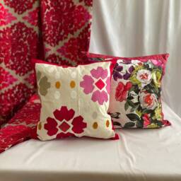 Embroidered Cotton Linen Pillow Cover Pink, White, Mauve, Pearl Trim - thumbnail 2