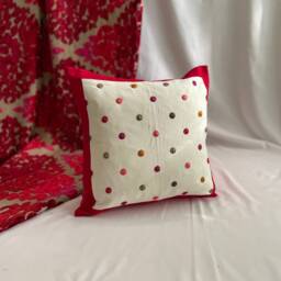 Embroidered Cotton Linen Pillow Cover Pink, White, Mauve, Pearl Trim - thumbnail 3