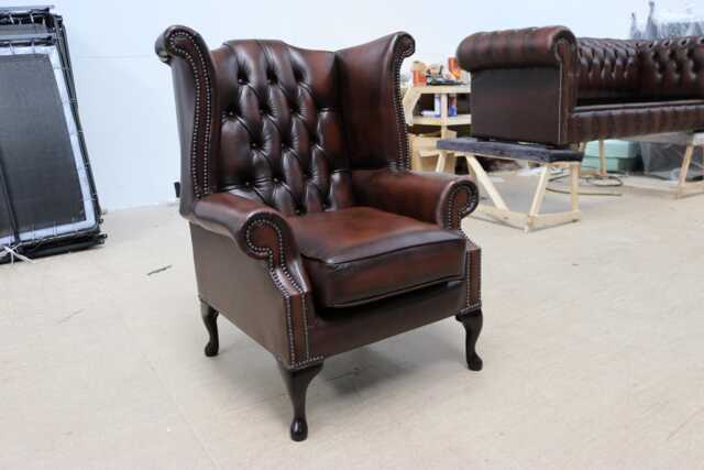 Upholstered Accent Armchair For Living Room - Reading Chair Made Of Real Leather Authentic Chesterfield Brown - image 1