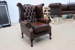 Upholstered Accent Armchair For Living Room - Reading Chair Made Of Real Leather Authentic Chesterfield Brown - thumbnail 1