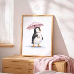 Penguin Nursery Prints - Set Of 3 Pink Girls Wall Art, Girl Animal Decor - thumbnail 3