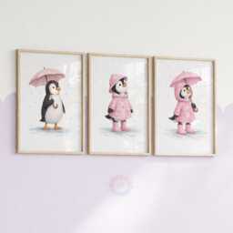 Penguin Nursery Prints - Set Of 3 Pink Girls Wall Art, Girl Animal Decor - thumbnail 2