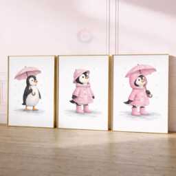 Penguin Nursery Prints - Set Of 3 Pink Girls Wall Art, Girl Animal Decor