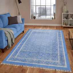 Indian Handmade Rug, Block Printed Blue Cotton Bedroom Large Area Boho Hallway Custom Size Rug 8x10 3x20 12x12 Feet - thumbnail 3