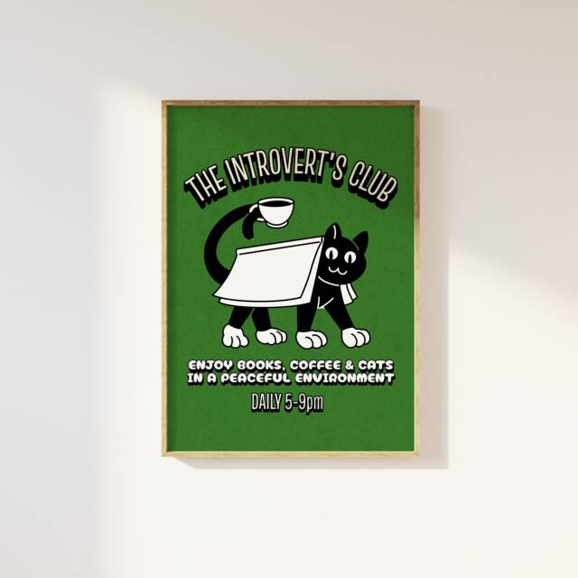 The Introvert's Club Retro Print - Fun Wall Art, Vintage Cats Books Coffee, Social Club, Trendy Homebody Aesthetic - image 1