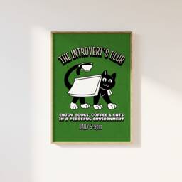 The Introvert's Club Retro Print - Fun Wall Art, Vintage Cats Books Coffee, Social Club, Trendy Homebody Aesthetic - thumbnail 1