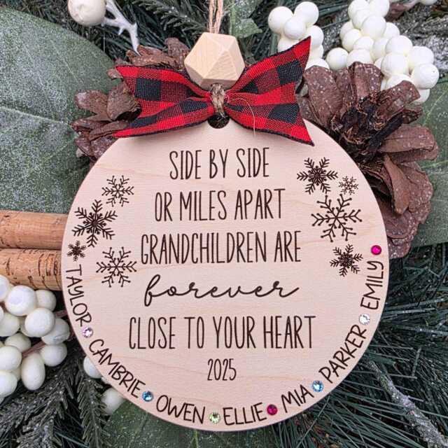 Personalized Grandchildren Christmas Ornament - Long Distance Grandparent Gift Engraved Maple Wood With Hearts Or Swarovski Birthstones - image 1