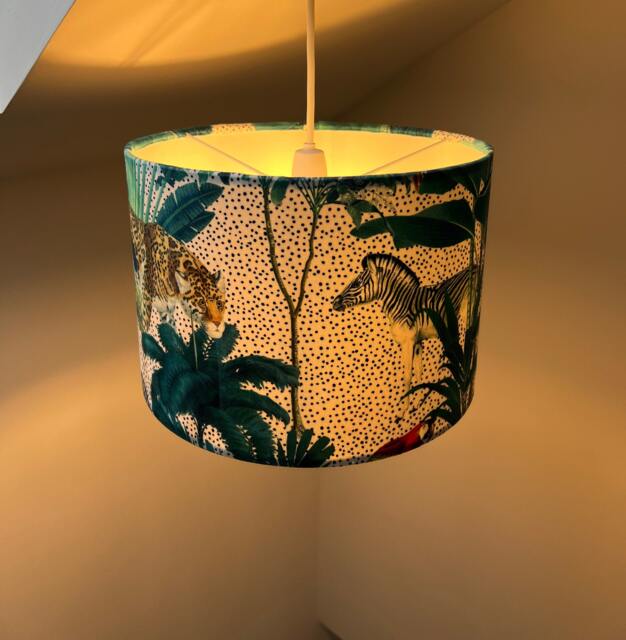 Tropical Jungle Velvet in White, Circular Drum Lampshade /Ceiling Shade With A White Lining - image 1