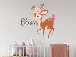Custom Girl Name Wall Decal. Rustic Nursery Decor. Deer Decals. Flowers Sticker. Watercolor Girls Room Decor R113 - thumbnail 1