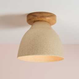 Speckled Cream Matt Element Flush Mount Ceiling Light in Ceramic & Oak - thumbnail 1