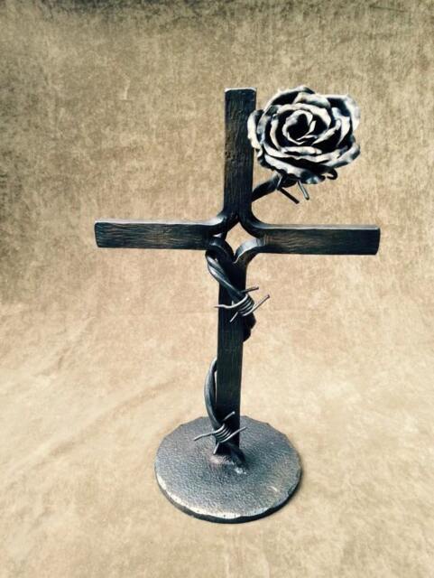 Handforged Iron Rose Cross Sculpture, Blacksmith Art - image 1