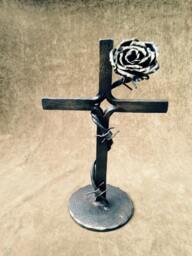 Handforged Iron Rose Cross Sculpture, Blacksmith Art - thumbnail 1