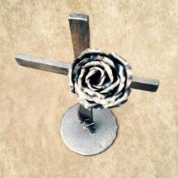 Handforged Iron Rose Cross Sculpture, Blacksmith Art - thumbnail 2