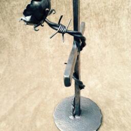 Handforged Iron Rose Cross Sculpture, Blacksmith Art - thumbnail 3