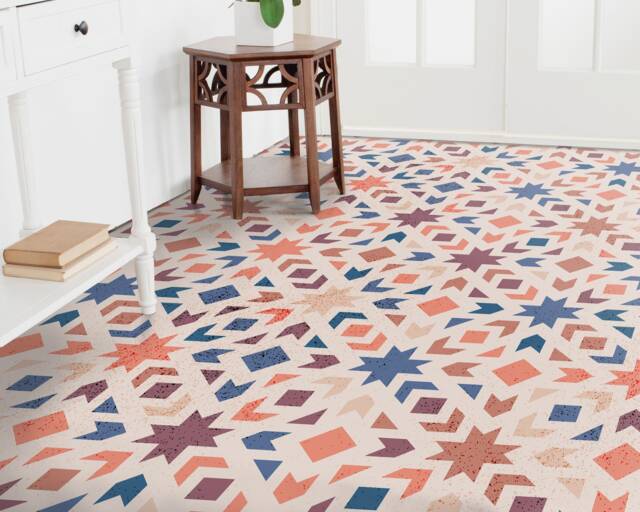 Oriental Motif Vinyl Flooring, Orange Retro Floor Art, Blue Custom Geometric Bedroom Inspirations, Eco Friendly - image 1