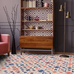 Oriental Motif Vinyl Flooring, Orange Retro Floor Art, Blue Custom Geometric Bedroom Inspirations, Eco Friendly - thumbnail 3