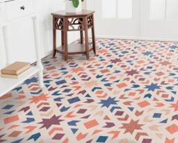 Oriental Motif Vinyl Flooring, Orange Retro Floor Art, Blue Custom Geometric Bedroom Inspirations, Eco Friendly