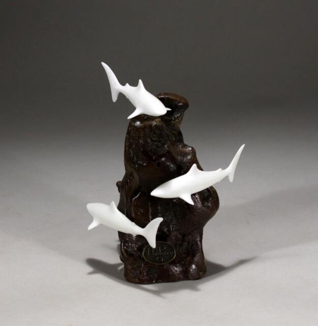 Shark Trio By John Perry 5In Tall Sculpture On Burlwood Statue - image 1