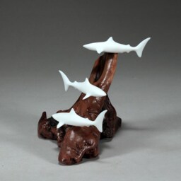 Shark Trio By John Perry 5In Tall Sculpture On Burlwood Statue - thumbnail 2