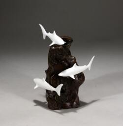 Shark Trio By John Perry 5In Tall Sculpture On Burlwood Statue - thumbnail 1