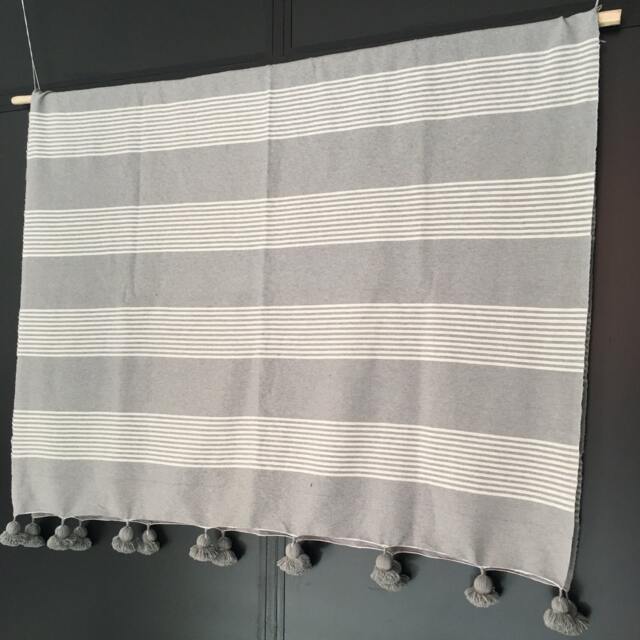 Moroccan Pom Blanket Throw Bedding, Cotton, Handwoven On A Wooden Loom. Blanket, Bohemian Throw, Berber Bed Cover - image 1