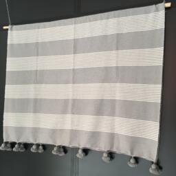 Moroccan Pom Blanket Throw Bedding, Cotton, Handwoven On A Wooden Loom. Blanket, Bohemian Throw, Berber Bed Cover