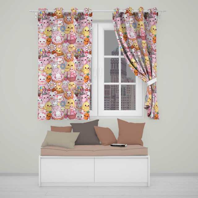 Cute Easter Bunny Chick Donut Basket Kawaii Pink Background Seamless Pattern Readymade Eyelet Ring Top Thermal 100% Blackout Curtains - image 1