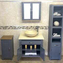 Bathroom Wall Hung Grey Painted Vanity Unit Modern Cabinet Wash Stand Cream Marble Top & Basin 502Gwc25C - thumbnail 2