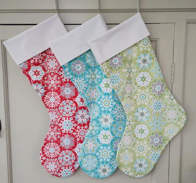 Handcrafted Christmas Stocking Bright Snowflake Print, Scandi Style - image 1