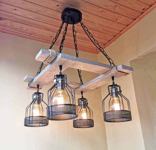Rustic Wood Chandelier Industrial Cage Pendant Light, Farmhouse Lighting No Us Customs Fees - image 1