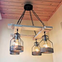Rustic Wood Chandelier Industrial Cage Pendant Light, Farmhouse Lighting No Us Customs Fees - thumbnail 2