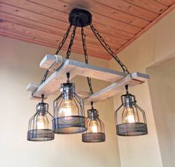 Rustic Wood Chandelier Industrial Cage Pendant Light, Farmhouse Lighting No Us Customs Fees