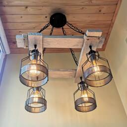 Rustic Wood Chandelier Industrial Cage Pendant Light, Farmhouse Lighting No Us Customs Fees - thumbnail 3