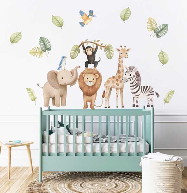 Watercolor Jungle Animals Decal, Safari Sticker, Elephant, Zebra, Monkey, Giraffe, Lion, Nursery Decals, Wall Decor, Art - image 1