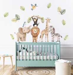 Watercolor Jungle Animals Decal, Safari Sticker, Elephant, Zebra, Monkey, Giraffe, Lion, Nursery Decals, Wall Decor, Art - thumbnail 1
