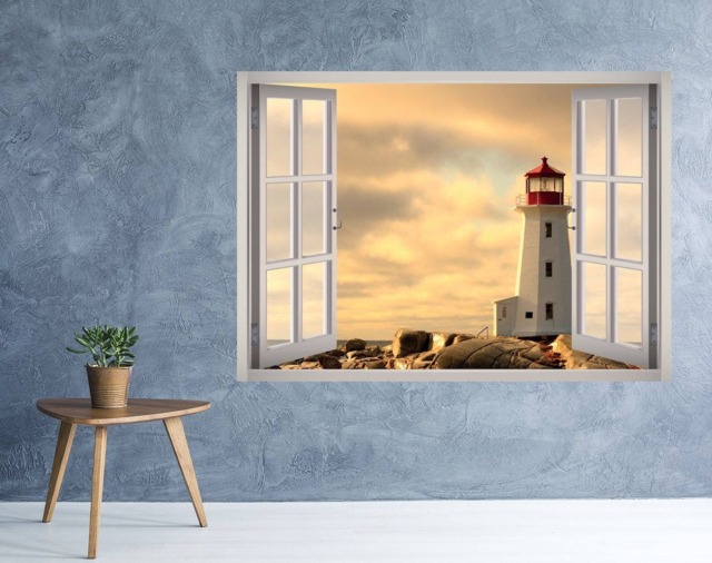 Lighthouse View Window 3D Wall Decal Art Removable Beach Wallpaper Mural Sticker Vinyl Home Decor - image 1
