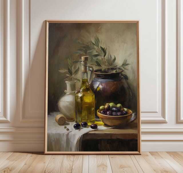 Mediterranean Still Life Art Print - Olive Oil & Jar Painting Style Poster Rustic Kitchen Wall Classic Tuscan Home Decor - image 1