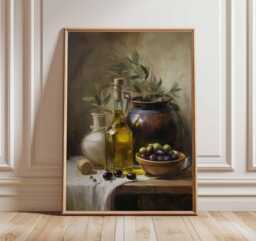 Mediterranean Still Life Art Print - Olive Oil & Jar Painting Style Poster Rustic Kitchen Wall Classic Tuscan Home Decor - thumbnail 1