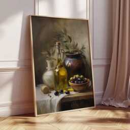 Mediterranean Still Life Art Print - Olive Oil & Jar Painting Style Poster Rustic Kitchen Wall Classic Tuscan Home Decor - thumbnail 2