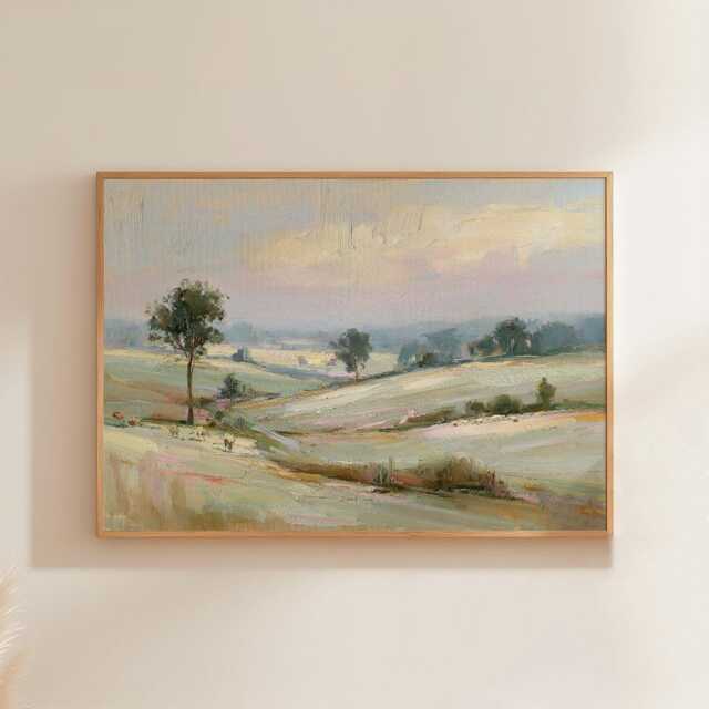 Pastel Field Poster, Soft Countryside Wall Art, Landscape Painting - image 1
