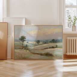 Pastel Field Poster, Soft Countryside Wall Art, Landscape Painting - thumbnail 4