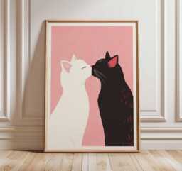 Cat Couple Poster, Romantic Kitty Wall Art, Black & White Cats Print, Cute Animal Love Artwork, Minimalist Illustration, Pink Decor - thumbnail 1