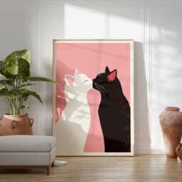 Cat Couple Poster, Romantic Kitty Wall Art, Black & White Cats Print, Cute Animal Love Artwork, Minimalist Illustration, Pink Decor - thumbnail 3