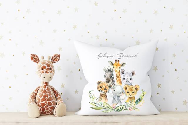 Jungle Animals Nursery Cushion , Safari Personalised Baby Decor Theme Elephant Giraffe Zebra - image 1